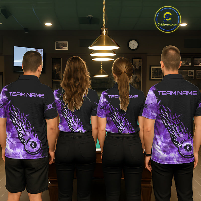 Black And Purple Flaming Icy 8 Ball Pool Billiard Shirt For Women Custom Billiard Team Jersey TDM5809