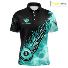 Load image into Gallery viewer, Black And Turquoise Flaming Icy 8 Ball Pool Billiard Shirt For Men Custom Billiard Team Jersey TDM5810