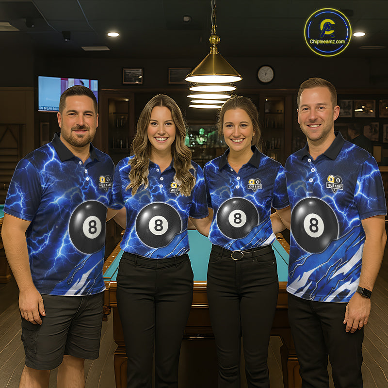 Blue Lightning Billiard Jersey For Women Custom 8 Ball 9 Ball Pool Billiard Shirt Team Polo, 1/4 Zip TDM6413