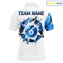 Load image into Gallery viewer, White billiard polo shirt with blue and black designs on front and back, featuring an 8 ball graphic, "Team Name" and "Your Name" text, custom pool team jersey design