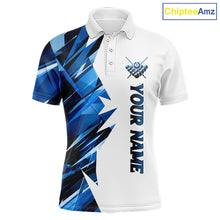 Load image into Gallery viewer, White billiard polo shirt with blue and black designs on front and back, featuring an 8 ball graphic, "Team Name" and "Your Name" text, custom pool team jersey design