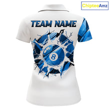 Load image into Gallery viewer, White billiard polo shirt with blue and black designs on front and back, featuring an 8 ball graphic, "Team Name" and "Your Name" text, custom pool team jersey design