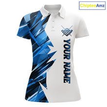 Load image into Gallery viewer, White billiard polo shirt with blue and black designs on front and back, featuring an 8 ball graphic, "Team Name" and "Your Name" text, custom pool team jersey design