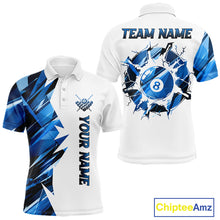 Load image into Gallery viewer, White billiard polo shirt with blue and black designs on front and back, featuring an 8 ball graphic, "Team Name" and "Your Name" text, custom pool team jersey design