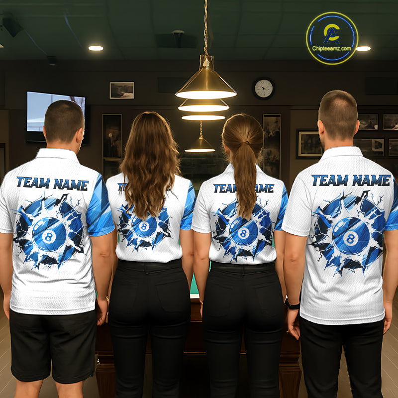 Custom Blue And White 8 Ball Pool Billiard Jersey For Women, Billiard Team Shirts Polo & 1/4 Zip TDM6609