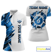 Load image into Gallery viewer, White billiard quarter zip shirt with blue and black designs on front and back, featuring an 8 ball graphic, "Team Name" and "Your Name" text, custom pool team jersey design
