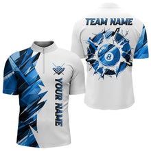 Load image into Gallery viewer, White billiard quarter zip shirt with blue and black designs on front and back, featuring an 8 ball graphic, "Team Name" and "Your Name" text, custom pool team jersey design
