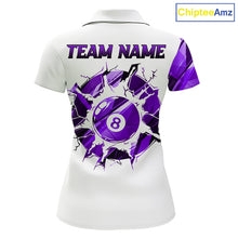 Load image into Gallery viewer, White billiard polo shirt with purple and black designs on front and back, featuring an 8 ball graphic, "Team Name" and "Your Name" text, custom pool team jersey design