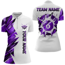 Load image into Gallery viewer, White billiard quarter zip shirt with purple and black designs on front and back, featuring an 8 ball graphic, "Team Name" and "Your Name" text, custom pool team jersey design