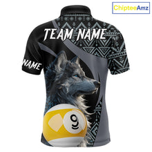 Load image into Gallery viewer, Customizable billiard polo shirt with wolf design and pool ball elements 