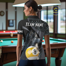 Load image into Gallery viewer, Man wearing a shirt with a wolf and pool ball design, standing in a bar.