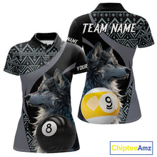 Load image into Gallery viewer, Customizable billiard polo shirt with wolf design and pool ball elements 