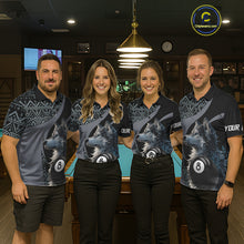 Load image into Gallery viewer, Four people wearing matching shirts with a wolf and 8 ball pool design in a bar setting.