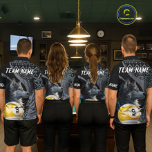 Load image into Gallery viewer, Four people wearing matching jerseys with a wolf and pool ball design in a bar setting.