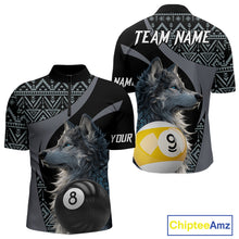 Load image into Gallery viewer, Customizable billiard quarter zip shirt with wolf design and pool ball elements 