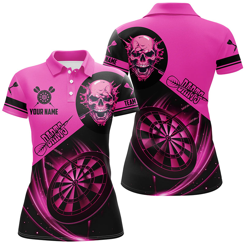 Custom Darts Shirts For Women, Personalized Skull Darts Team Jerseys Dartboard Shirts | Pink TDM2109