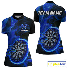Load image into Gallery viewer, Blue Flaming Dartboard Shirt For Women Custom Fire Darts Jersey Polo &amp; Quarter Zip Team Uniform TDM4676
