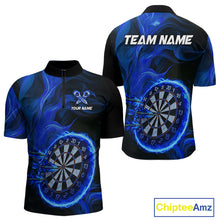 Load image into Gallery viewer, Blue Flaming Dartboard Shirt For Men Custom Fire Darts Jersey Polo &amp; Quarter Zip Team Uniform TDM4676