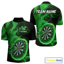 Load image into Gallery viewer, Green Flaming Dartboard Shirt For Men Custom Fire Darts Jersey Polo &amp; Quarter Zip Team Uniform TDM4677