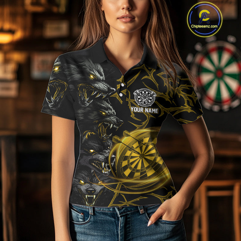 Personalized Wolf Dart Shirts For Women Custom Lights Dartboard Darts Team Jerseys |Gold TDM5094