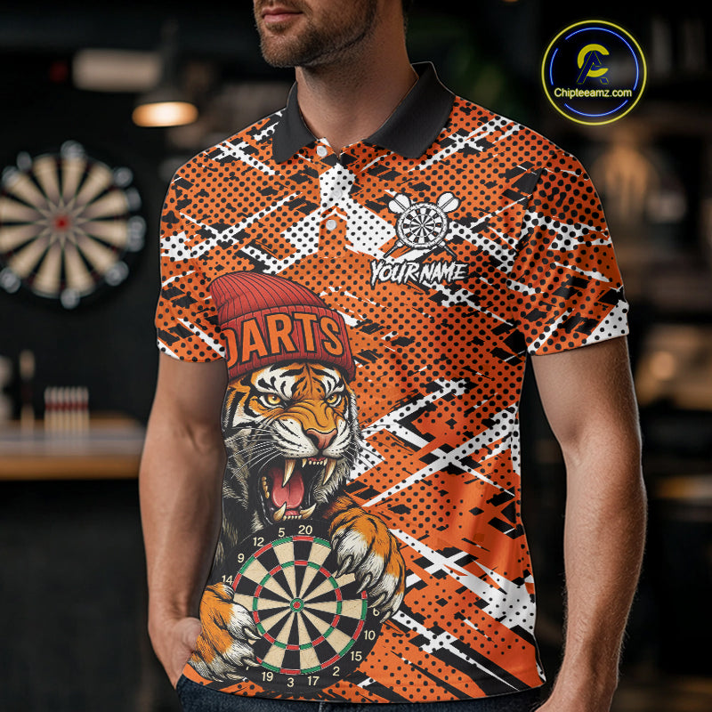 Personalized Orange Black Grunge Tiger Darts Shirt For Men Custom Darts Team Jersey Polo & 1/4 Zip TDM5099