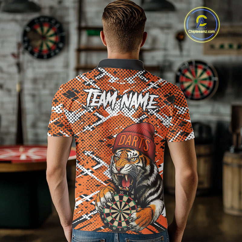 Personalized Orange Black Grunge Tiger Darts Shirt For Men Custom Darts Team Jersey Polo & 1/4 Zip TDM5099