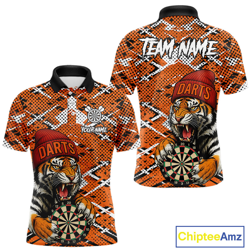 Personalized Orange Black Grunge Tiger Darts Shirt For Men Custom Darts Team Jersey Polo & 1/4 Zip TDM5099