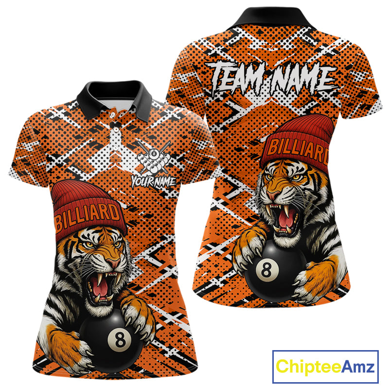 Personalized Orange Black Grunge Tiger Billiard Shirt For Women Custom 8 Ball Pool Team Jersey TDM5100