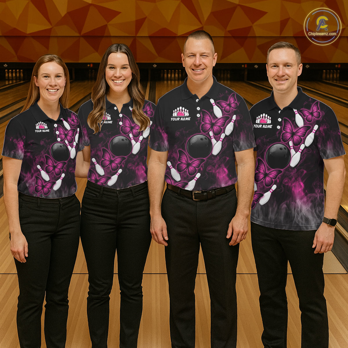 Pink Black Custom Butterfly Bowling Shirt For Women, Smoke Bowling Team Jersey Polo & 1/4 Zip Shirt TDM6423