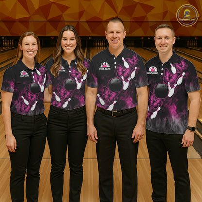 Pink Black Custom Butterfly Bowling Shirt For Women, Smoke Bowling Team Jersey Polo & 1/4 Zip Shirt TDM6423