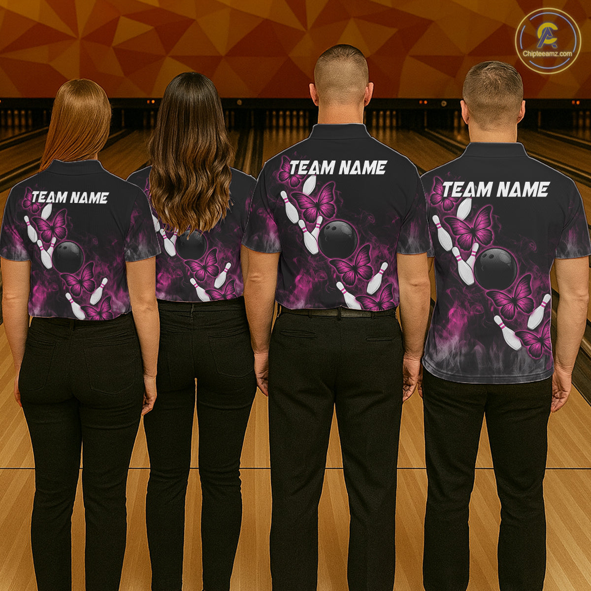 Pink Black Custom Butterfly Bowling Shirt For Women, Smoke Bowling Team Jersey Polo & 1/4 Zip Shirt TDM6423