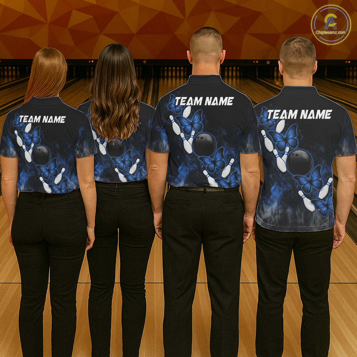 Black And Blue Custom Butterfly Bowling Shirt For Women, Smoke Bowling Team Jersey Polo & 1/4 Zip TDM6424