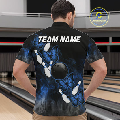 Black And Blue Custom Butterfly Bowling Shirt For Men, Smoke Bowling Team Jersey Polo & 1/4 Zip TDM6424