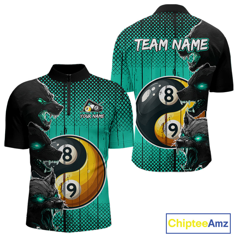 Funny Yin Yang Eyes Of Wolf Billiard Shirts For Men Custom 8 & 9 Ball Billiard Jersey|Turquoise TDM4441