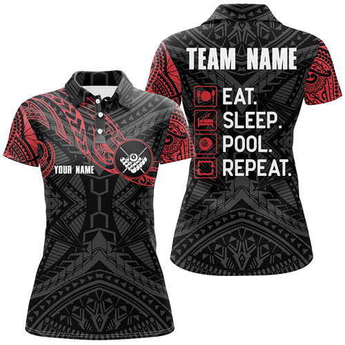 Billiard Black Red Tribal Pattern Custom Name Polo Shirts For Women, Custom Funny Billiard Shirts TDM0233