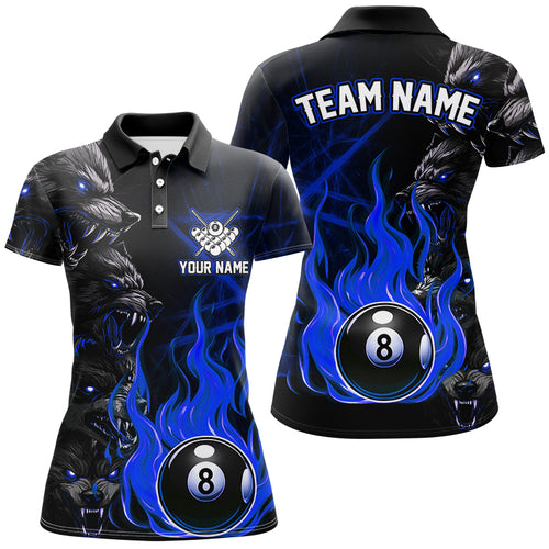 Personalized Wolf Flaming 8 Ball Pool Fire Women Billiard Shirts Team League Billiard Jerseys | Blue TDM2617