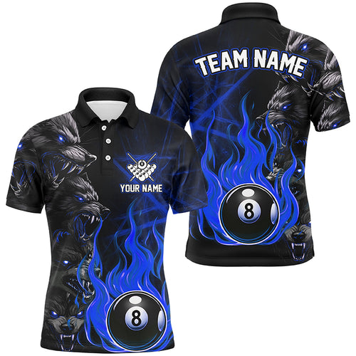 Personalized Wolf Flaming 8 Ball Pool Fire Men Billiard Shirts Team League Billiard Jerseys | Blue TDM2617