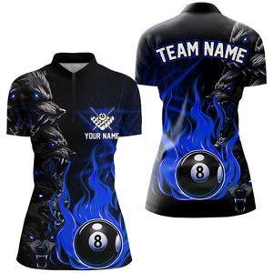 Personalized Wolf Flaming 8 Ball Pool Fire Women Billiard Shirts Team League Billiard Jerseys | Blue TDM2617