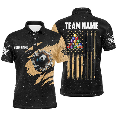 Customized Grunge American Flag 8 Ball Pool Men Billiard Polo Shirts, Patriotic Pool Player Shirts TDM0999