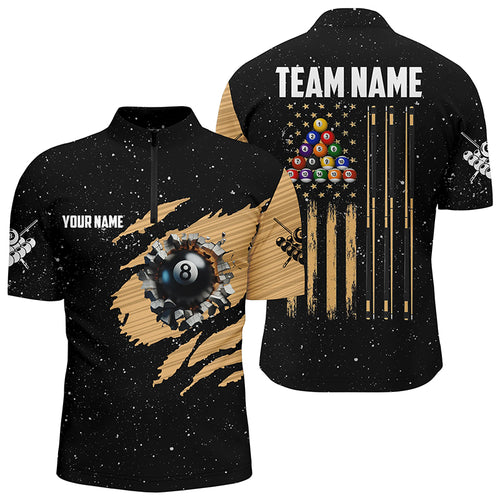 Custom Grunge US Flag 8 Ball Men Billiard Quarter-Zip Shirts, Patriotic Pool Player Shirts TDM0999