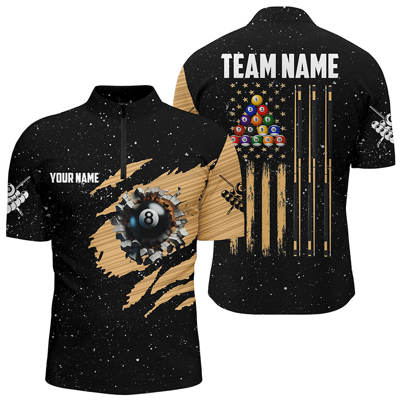 Custom Grunge US Flag 8 Ball Men Billiard Quarter-Zip Shirts, Patriotic Pool Player Shirts TDM0999