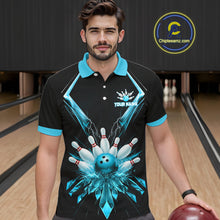 Load image into Gallery viewer, Custom Blue Bowling Jersey For Men, Crystal Lightning Bowling League Shirt Team Polo &amp; 1/4 Zip TDM6429