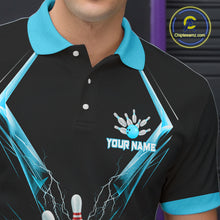 Load image into Gallery viewer, Custom Blue Bowling Jersey For Men, Crystal Lightning Bowling League Shirt Team Polo &amp; 1/4 Zip TDM6429