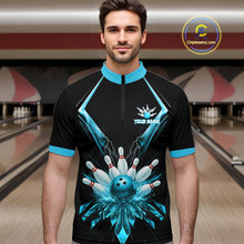 Load image into Gallery viewer, Custom Blue Bowling Jersey For Men, Crystal Lightning Bowling League Shirt Team Polo &amp; 1/4 Zip TDM6429