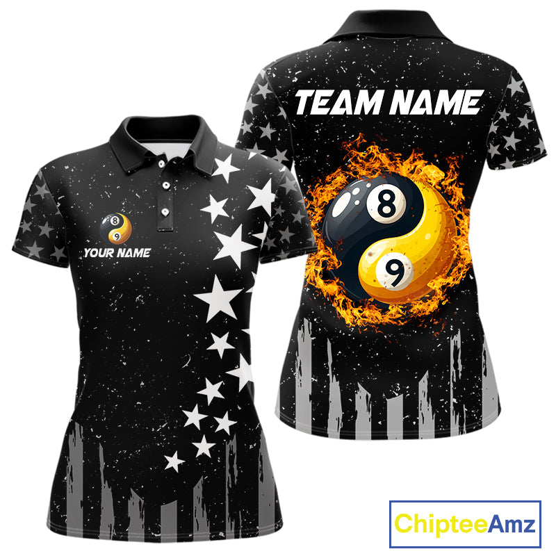 Black US Flag Ying And Yang 8 Ball & 9 Ball Custom Billiard Shirts For Women Funny Billiard Jerseys TDM4083