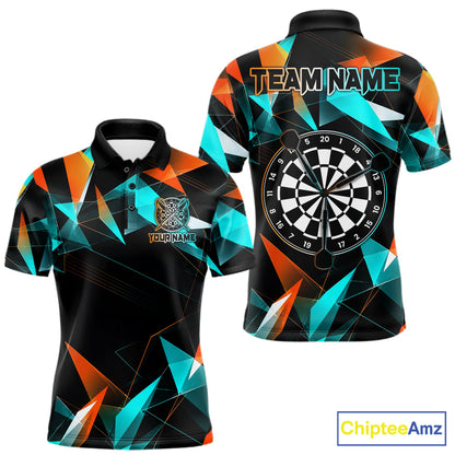 Orange and turquoise darts polo shirt with geometric design and dartboard, customizable name and team name