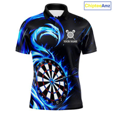 Load image into Gallery viewer, Black and blue flaming darts polo shirt for men with custom player name and team name.