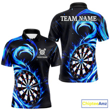 Load image into Gallery viewer, Black and blue flaming darts polo shirt for men with custom player name and team name.