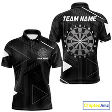 Load image into Gallery viewer, Black polo shirt with dartboard design and customizable text on a geometric background