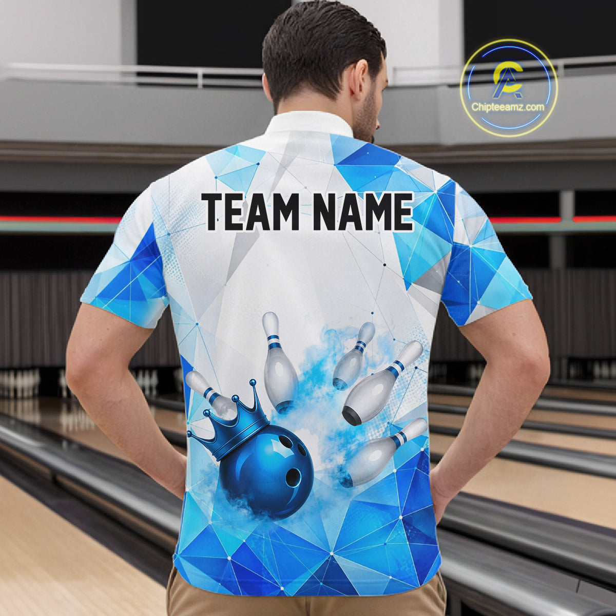 Custom White And Blue Geometric Smoke Bowling Shirts For Men, Bowling Team Jersey Polo & 1/4 Zip TDM6634